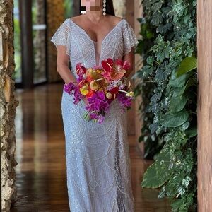 Elegant Silver Beaded Wedding Dress
